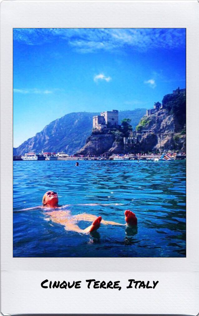 Tara floating in the ocean in Cinque Terre, Italy