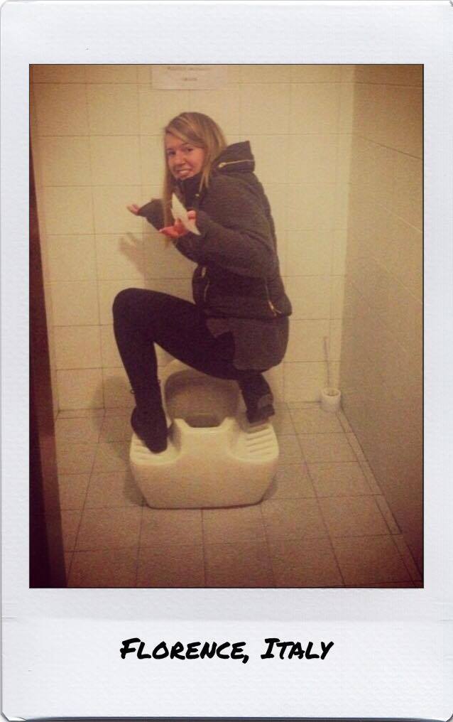 Tara on a European toilet in Florence, Italy